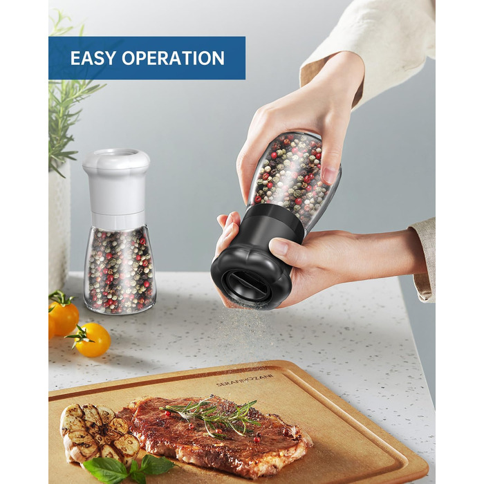 Набір ручних мельниць для солі та перцю CIRCLE JOY для професійних кухарів, наповнювані солі та перечниці з керамічними лезами, регульована ступінь помелу та BPA-free скляні контейнери об'ємом 180 мл, чорно-білий набір
