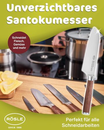 Кухонний ніж Santoku RÖSLE Masterclass 17 см, сталь, дерев'яна ручка, для м'яса, риби та овочів