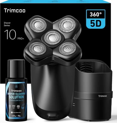 Електричний тример для гоління голови Trimcoo 5-в-1 з титановими лезами, IPX7 водонепроникний, USB-C, LED-дисплей - для чутливої шкіри голови (чорний)