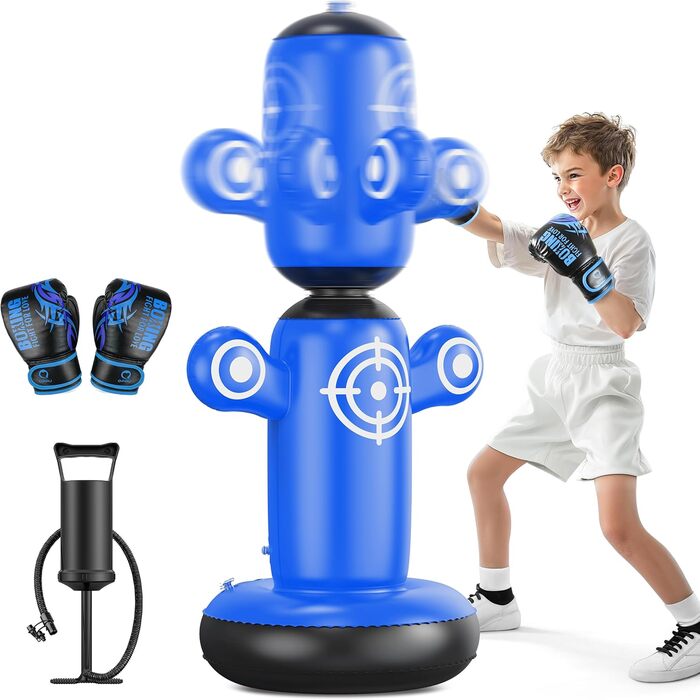 Дитячий боксерський мішок QPAU 360° з рукавичками, насосом та 6 цілями. Надувний боксерський мішок Bop Bag для карате, подарунок для хлопчиків та дівчаток (Блакитний)