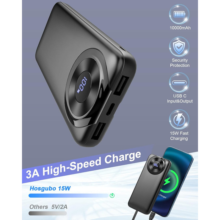 Портативний зарядний пристрій з вбудованими кабелями та роз'ємами, акумуляторний пак, сумісний з Android та іншими пристроями, чорно-жовтий