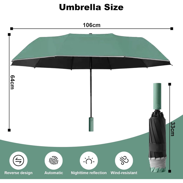 Міцний перевернутий парасолька з 40 спицями, автоматичний парасолька-кніпс, діаметр 105 см - для жінок та чоловіків (оливковий зелений)