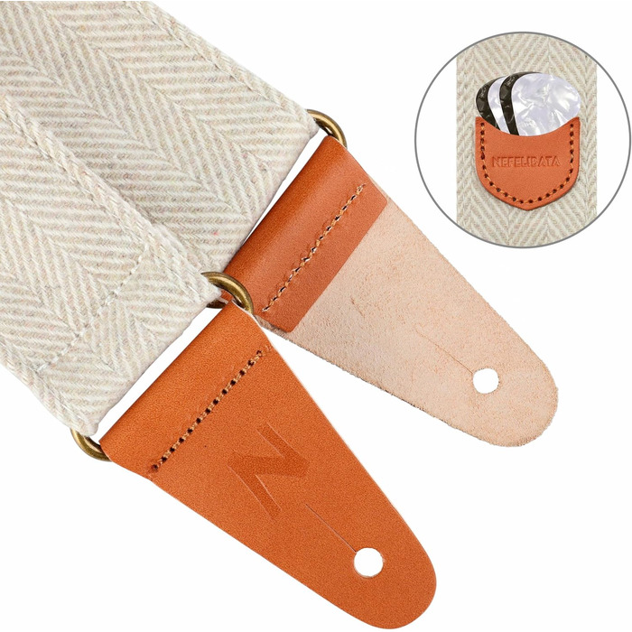 Гітарний ремінь Nefelibata: м'який, з кашеміру, повноекошкіряний. Для бас-, електро- та акустичної гітари. З кнопкою, замками та медіатором. Кремовий та білий твід