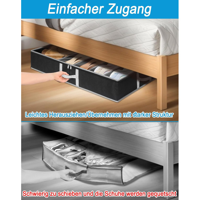 2 Under-Bed Shoe Organizers (24 Pairs), Foldable Under-Bed Storage Box Shoe Organizer, Adjustable Velcro Closure Shoe Storage Under Bed with Bottom Support & 3 Sturdy Handles