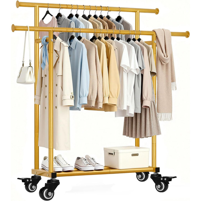 Стійка для одягу Sour Lemon на коліщатках, 95 кг, з подвійними перекладинами та полицею, золото (113x41x162 см)