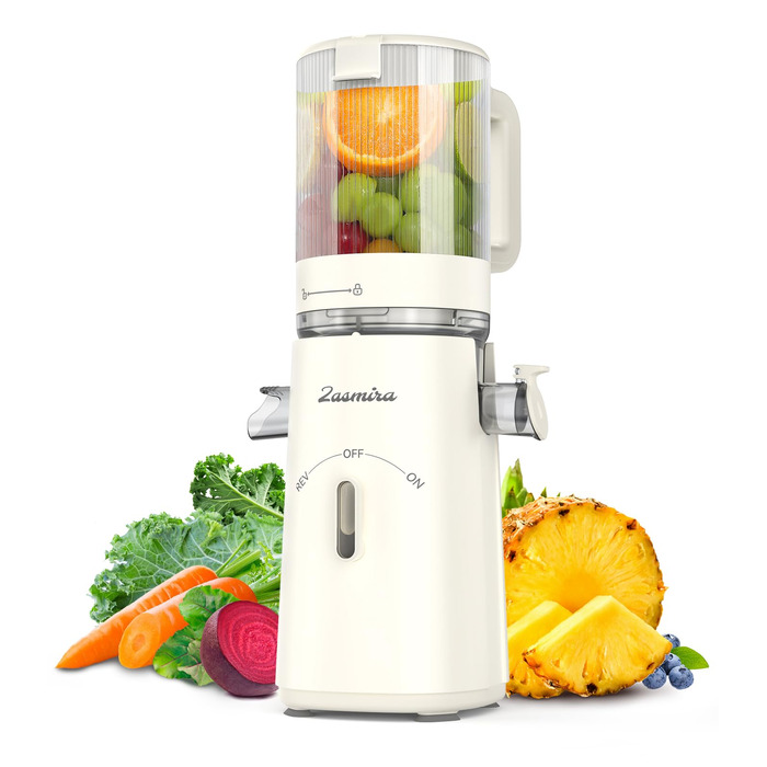 Шнекова соковижималка Zasmira Slow Juicer з широким завантажувальним отвором 120 мм, режим реверсу REV, для овочів та фруктів, 1.5 л, біла