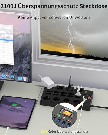 Многорозетка на 18 розеток з USB (4 USB-A, 2 USB-C), мережевий фільтр, 3680W, 2100J, 2 м кабель, для офісу та дому