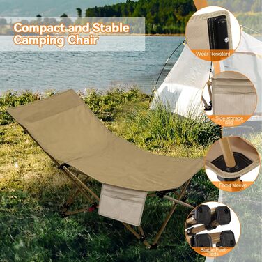 Складний туристичний стілець для кемпінгу та відпочинку на природі (150 кг), легкий, з регулюванням кута нахилу, з сумкою, хакі