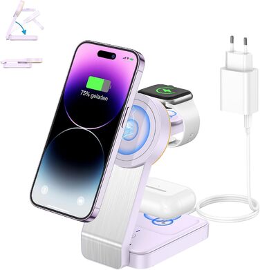 3-в-1 Станція Бездротової Зарядки для iPhone, Apple Watch та AirPods (Біла/Фіолетова)