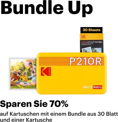 KODAK Mini 2 Retro: Портативний фотопринтер для смартфонів з Bluetooth, 54x86 мм, комплект з папером (38+68 аркушів)