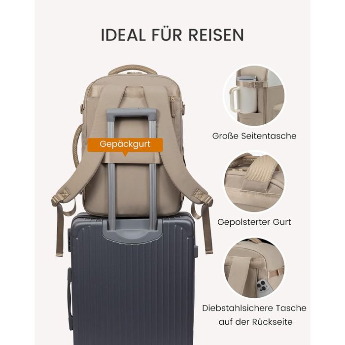 LOVEVOOK Рюкзак для ручної поклажі жіночий, великий дорожній рюкзак, 45L, валіза-рюкзак, рюкзак для подорожей, для ноутбука 17,3 дюйма, на вихідні, діловий, ручна поклажа, 1-бежевий хакі 50x20x36 см (45L, комплект)