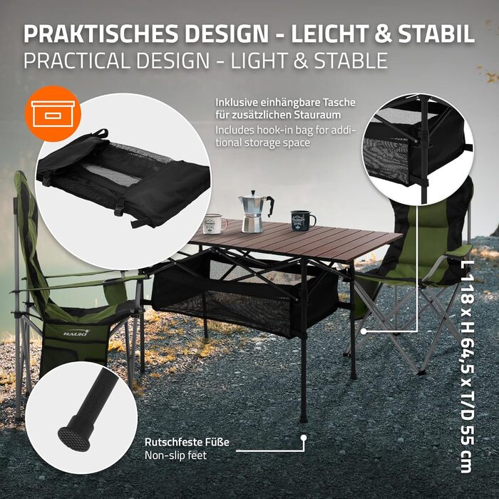Стіл для кемпінгу Hauki, розкладний, коричневий, 118 x 55 x 64,5 см, алюмінієвий, з мотузковою поверхнею, для відпочинку, саду, балкону, подорожей, ринку, з сумкою, колір: коричневий (темне дерево)