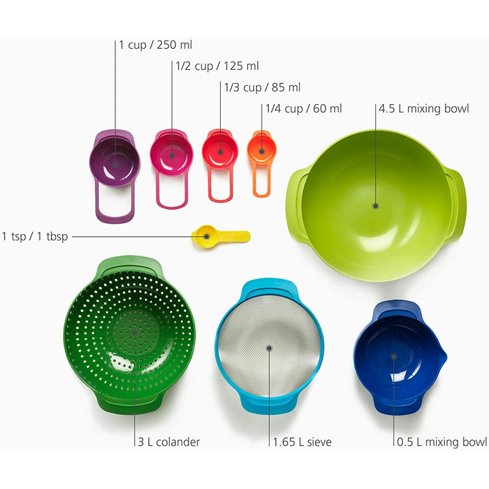 Joseph Joseph Nest 9 Plus – набір для приготування їжі з пластику, 9 предметів, різнокольоровий (сито, миски, мірні ложки)
