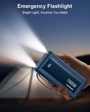 Портативний зарядний Power Bank 20000mAh з LED дисплеєм, 6 виходів, 2 входи, 22.5W, сумісний з iPhone, Samsung, Pixel, темно-синій