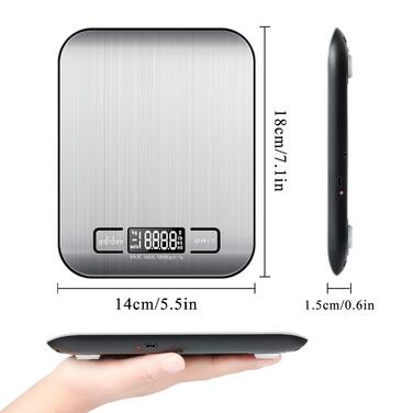 Кухонні ваги MOSUO цифрові з USB-кабелем, 10 кг/1 г, з нержавіючої сталі, 6 одиниць вимірювання, функція тарування, LCD-дисплей, з батареєю, чорний