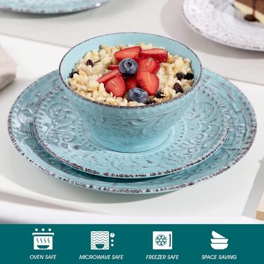 Tableware stoneware, vancasso VINE Ess Geschirrset, 16-piece combination tableware set with 4 dinner plates, cake plates, bowls, and cups each for 4 people, embossed vine design 16-piece tableware set Vine series