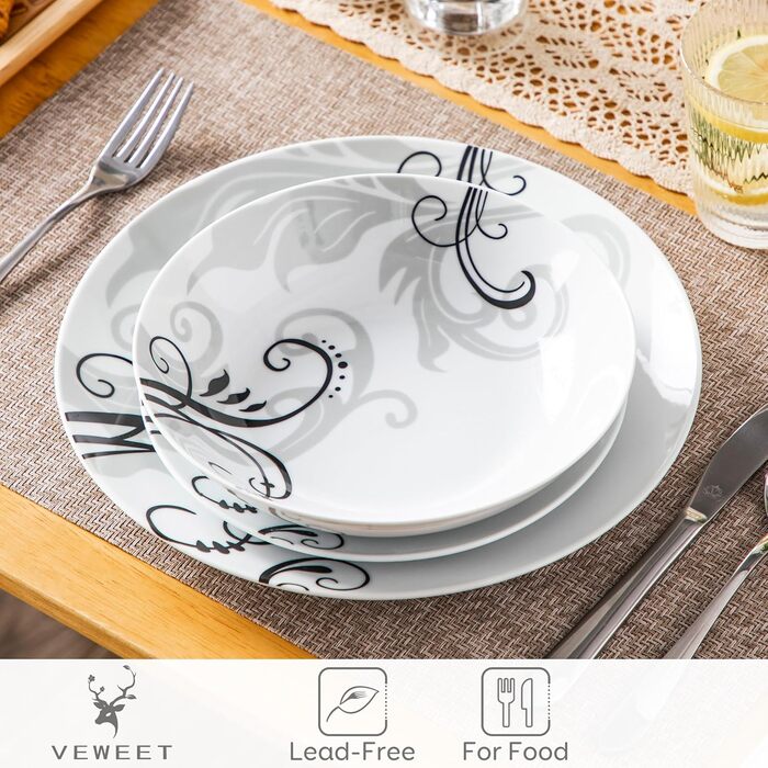 Набір посуду VEWEET 18 предметів на 6 осіб: тарілки, супові тарілки, десертні тарілки. Сучасний сервіз з порцеляни.