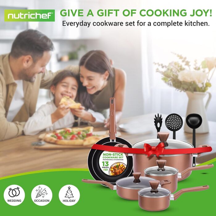 NutriChef 13-Piece Cookware Set | Non-Stick Pot and Pan Set for Induction | Pots Set for Gas, Electric & Ceramic Cooktops | PFOA-Free | Aluminum Pan Set with Ergonomic Brown Handles