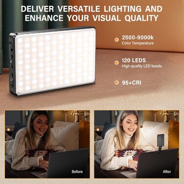 LED світло для селфі на телефон з регулюванням яскравості, 120 світлодіодів, 2500-9000K, акумулятор 3000mAh, CRI 95+, з тримачем для телефону та штативом, для фото та відеозйомки