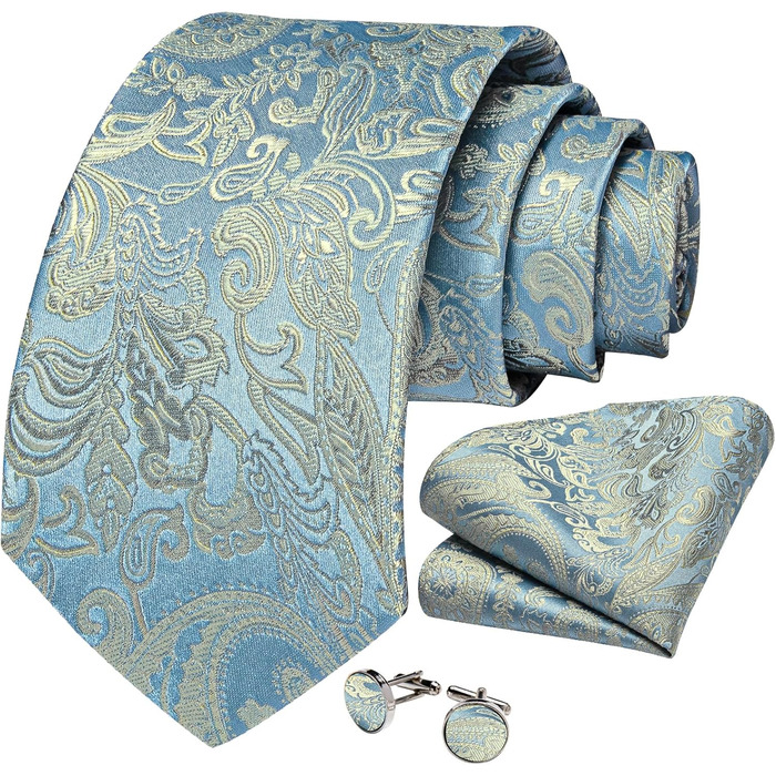 Чоловіча краватка DiBanGu з шовку, візерунок павлина та квіти, комплект: краватка, нагрудна хустинка, краваткова застібка, манжетні кнопки, класичний стиль, для весілля та свят (світло-золото-блакитний)