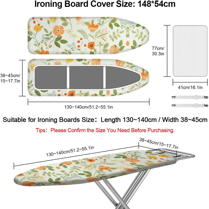 Покриття для прасувальної дошки Philorn 120x40 см для парогенератора, з тепловим відбиттям та функцією швидкої прасування, з сіткою та гумкою, підходить для прасувальних дошок 38-45 см x 130-140 см (світло-зелений)