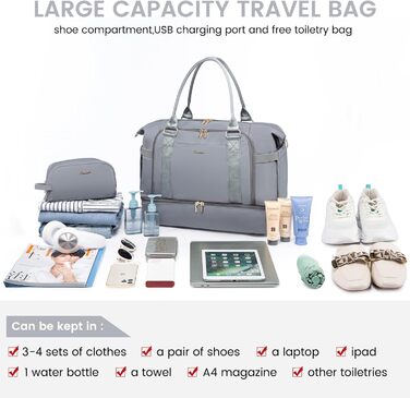Спортивна сумка LOVEVOOK для подорожей, жіноча дорожня сумка-мішок, Weekender з косметичкою, відділенням для взуття та мокрих речей, водонепроникна, 37L, сіра