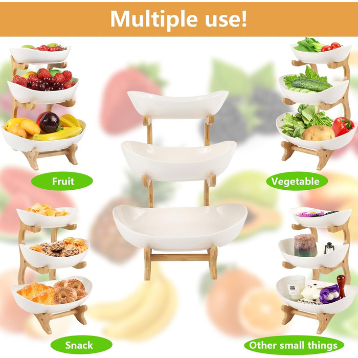 Багатоярусна фруктова миска з кераміки для кухні, 3 яруси, з дерев'яними підставками, для овочів, фруктів, снеків, декор