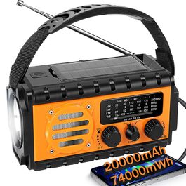 Радіо Winnes для надзвичайних ситуацій з живленням 20000 mAh, AM/FM, ліхтарик, SOS-сигнал, сонячна панель, ручне заряджання, для смартфонів (Помаранчевий)