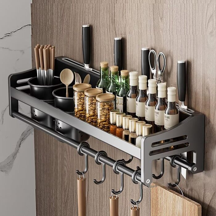 Настінна полиця для спецій, кухонна полиця без свердління, сіра, 50х13.4х12 см, з гачками та підставками для кухонного приладдя