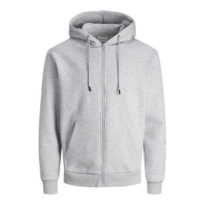 Чоловіча толстовка-худі на блискавці JACK & JONES однотонна, світло-сіра (Light Grey Melange), розмір S