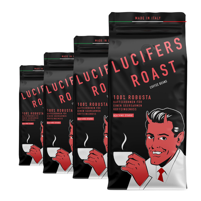 Кава в зернах LUCIFERS ROAST 100% Робуста, міцний еспресо темного обсмаження (Dark Roast), низька кислотність, для кавомашин та ріжкових кавоварок, 4 x 1 кг