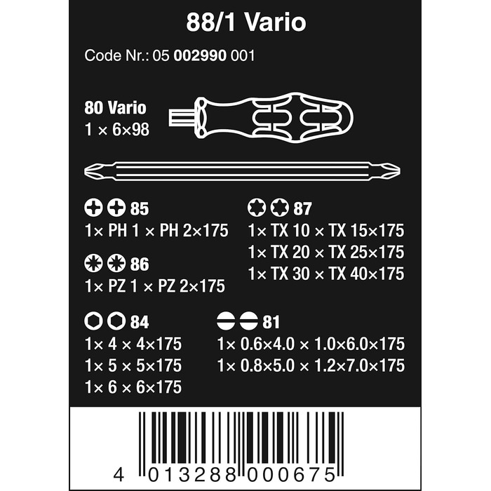 Набір викруток Wera 88/1 Vario-Satz, універсальний, професійний