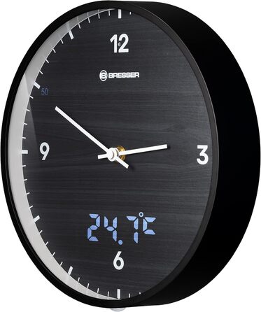 Bresser MyTime Radio-Controlled Wall Clock without Ticking Sounds, 24 cm Dial, LED Second Display, Indoor Temperature, and Silent Radio Clock Movement (Black)