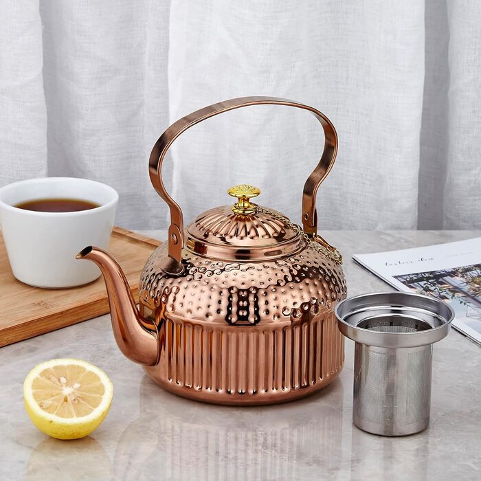 SANQIAHOME® 1.4 Liter Stainless Steel Teapot with Infuser, with Tea Strainer Handle, Induction Compatible - (Copper Color, 1500ml)