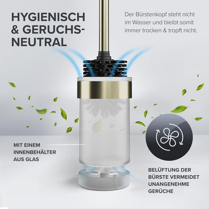 Набір для чищення унітазу Ovimar Finnkona з кріпленням на стіну без свердління | Силіконова щітка для унітазу з вентиляцією | Виготовлена з порошково-пофарбованої нержавіючої сталі | Змінний насадка для унітазу (золота)