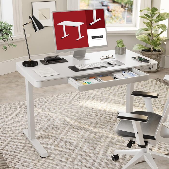 Електричний регульований стіл Sanodesk з ящиком, сенсорним керуванням та USB-портами, 120 x 60 см, білий + білий, висота 73.5-118 см
