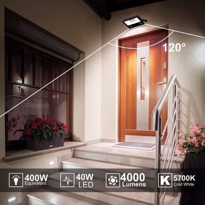 RGB LED Spotlight Outdoor 40W Floodlight with Remote Control, 120 Colors 5 Modes Color Changing Floodlight LED Indoor, 4000LM Cold White IP66 Waterproof Outdoor Spotlight for Garden, Backyard, Garage, Hallway - 2/Set