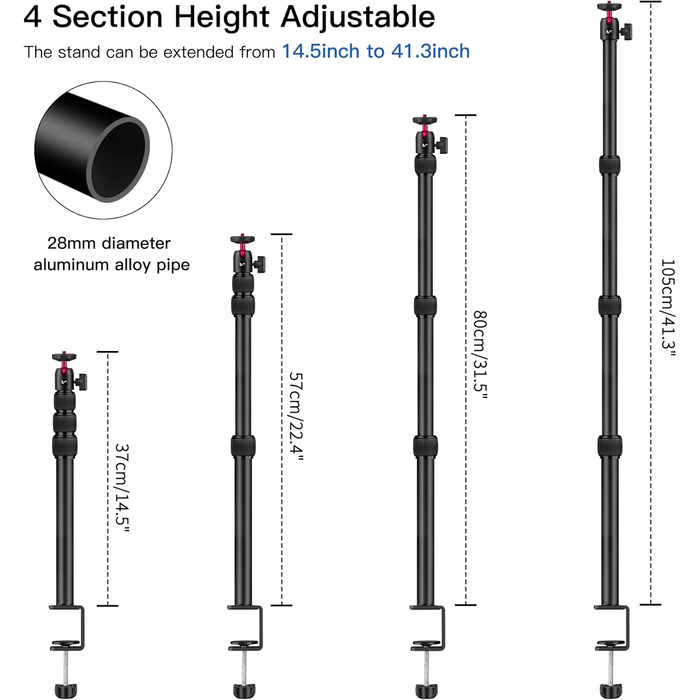 Кріплення для камери Victiv, 37-105 см, стіл, штатив для DSLR Canon, світловий, кріплення-прищіпка з гнучким плечем та 1/4' кульовою головкою для камер, LED-світла, веб-камер, смартфонів (червоний)