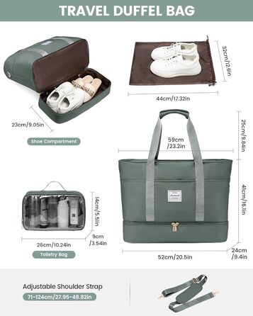Сумка-трансформер LOVEVOOK для жінок: водонепроникна дорожня сумка, містка для подорожей, з відділенням для взуття, ідеальна для пологового будинку, ручної поклажі, сауни, спортзалу, 52L, сіра