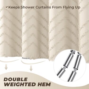 Шторка для душу, довга, у стилі фермерського дому, богемний шик, туфтована, Chevron, структурована, смугаста, мінімалістична, тканинна, мила, бежева, H243.8 x B182.9 см (1 шт.)