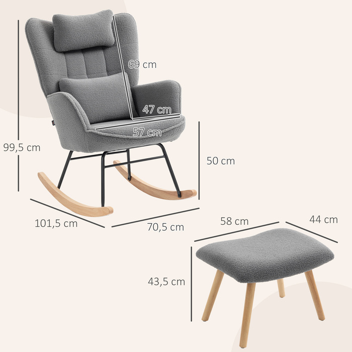 HOMCOM Rocking Chair with Ottoman, Soft Fleece Upholstery, Wooden Legs, Cushion, High Back, Rocker, Dark Grey