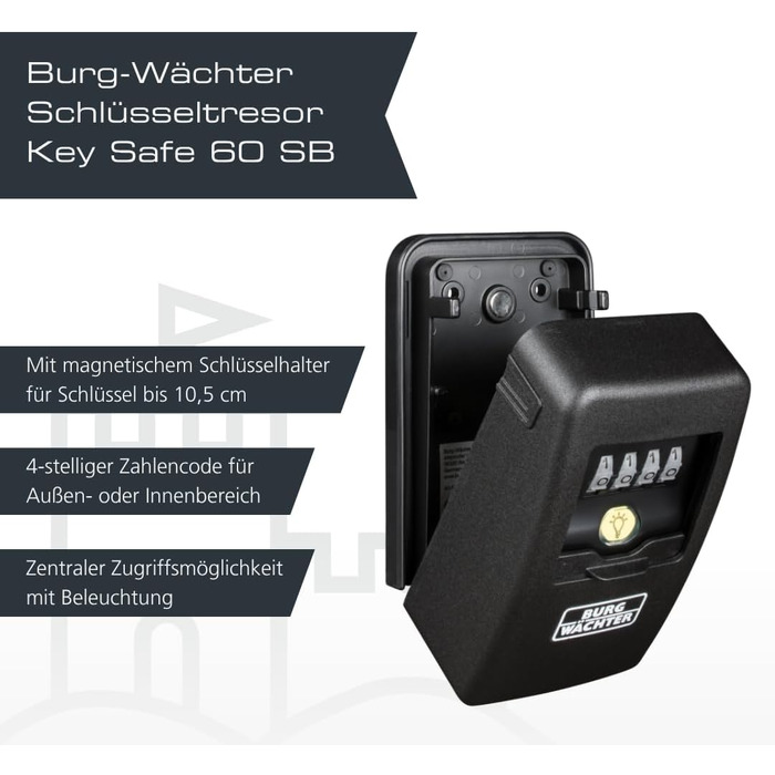 Кейс-сейф для ключів Burg-Wächter Key Safe 60 L SB з 4-значним кодом, магнітний, з підсвіткою, для зовнішнього та внутрішнього монтажу, чорний