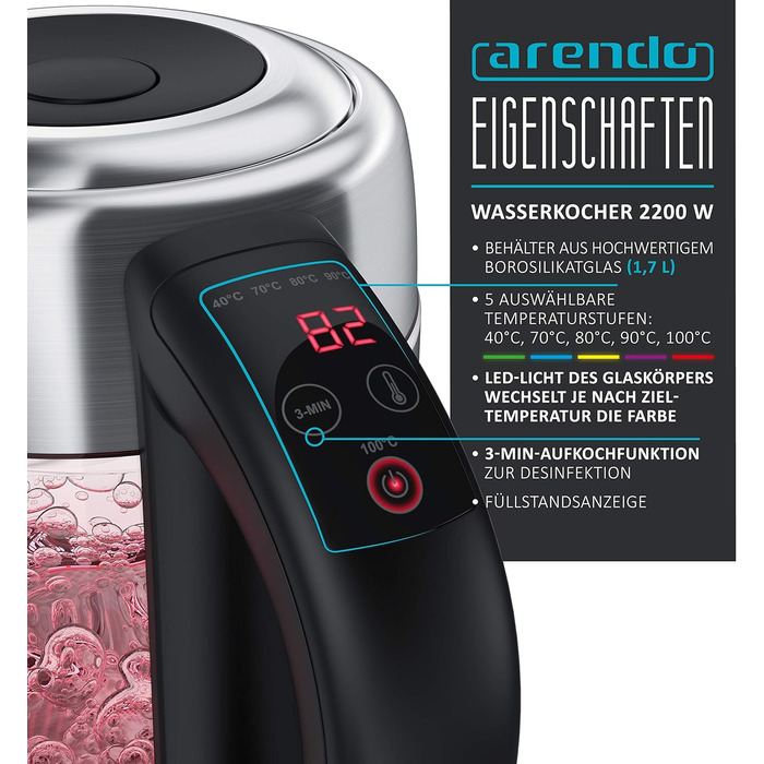 Arendo - Glass Kettle with Temperature Setting – 1.7l - Adjustable Temperatures 40° - 100 °C – Digital Temperature Display - Keep Warm Function – Energy-Saving – BPA-Free - RGB Lighting