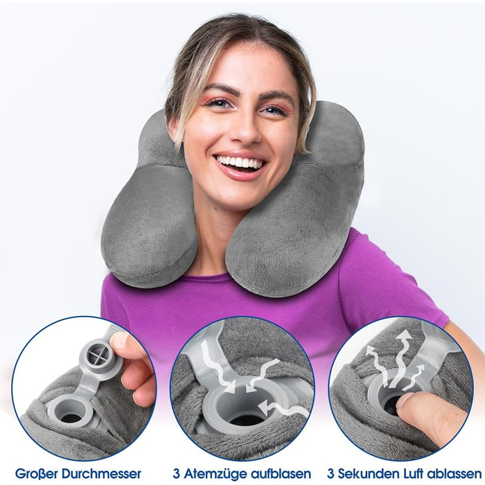 Подушка для шиї BBjinronjy надувна для подорожей, літака, офісу, авто, кемпінгу, з чохлом з м'якого велюру, ергономічна, з навушниками (сіра)