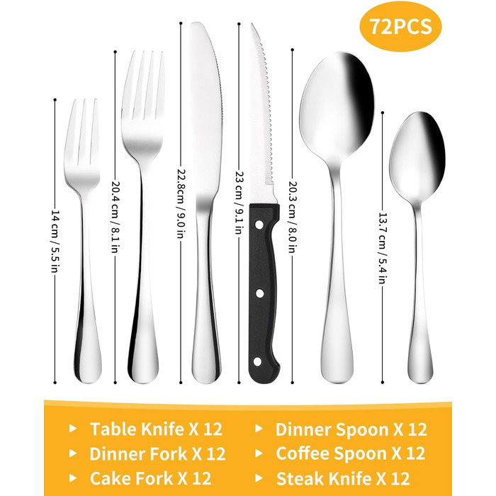12-Person Flatware Set with Steak Knives, 72-Piece Stainless Steel Flatware Sets, High-Polished and Dishwasher Safe, Elegant Dinnerware, with Knife/Fork/Spoon, for Home, Party, Restaurant