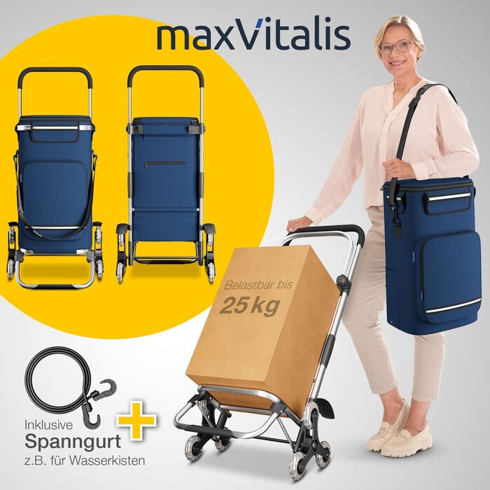 Stair Climber Shopping Trolley with Cooler Compartment, Folding Shopping Cart, Height-Adjustable Shopping Trolley, Reflectors, Removable 43 L Bag, Hackenporsche (Stair Climber Trolley, Navy)