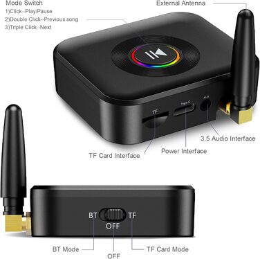 OQIMAX Bluetooth 5.1 Передавач/Приймач Аудіо з AUX/RCA/Оптикою, TF-карта, USB, для TV, Stereoanlage (Чорний)