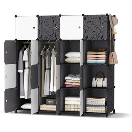 HOMIDEC Wardrobe, Portable Shelving System, 20 Cube Closet made of Plastic with 2 Clothes Rails, Bedroom Wardrobe Closet White for Bedroom, 180 x 142 x 45cm (16 cube, White & Black)