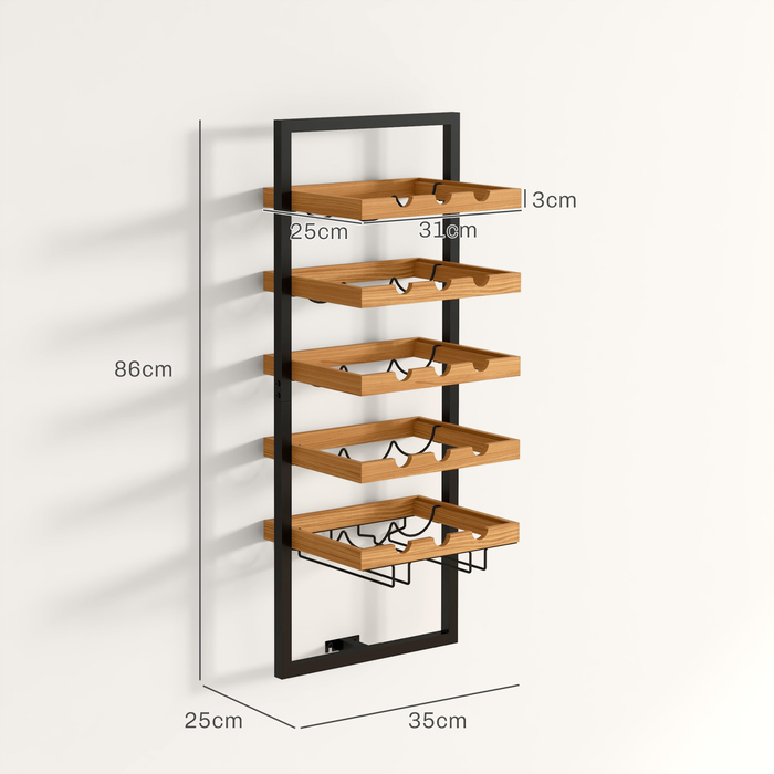 HOMCOM Wall-Mounted Wine Rack with 5 Tiers, Stackable Wine Bottle Holder, Wine Stand for 15 Bottles and 4 Glasses, Pine Wood, Steel, for Kitchen, Dining Room, Bar, Brown | Aosom