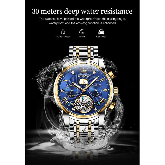 Чоловічий автоматичний скелетон годинник OLEVS: механічний люксовий годинник із багатофункціональним календарем, водонепроникний, сталь, синій